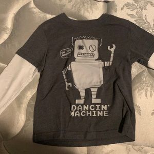 A white and gray shirt with a robot on it